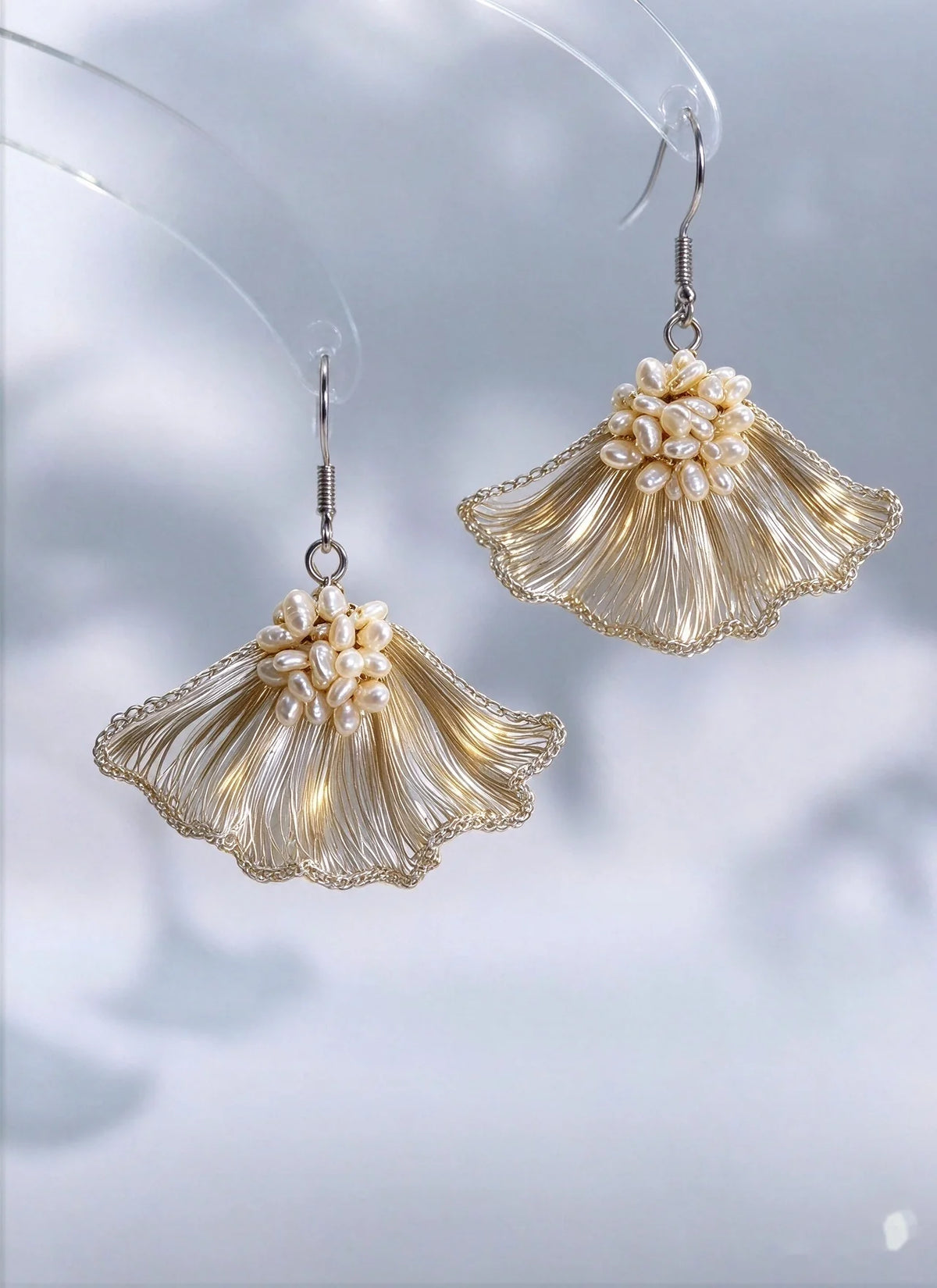 Lunalice handmade wire crochet ginkgo leaf earrings with freshwater pearls - artisan bridal jewelry