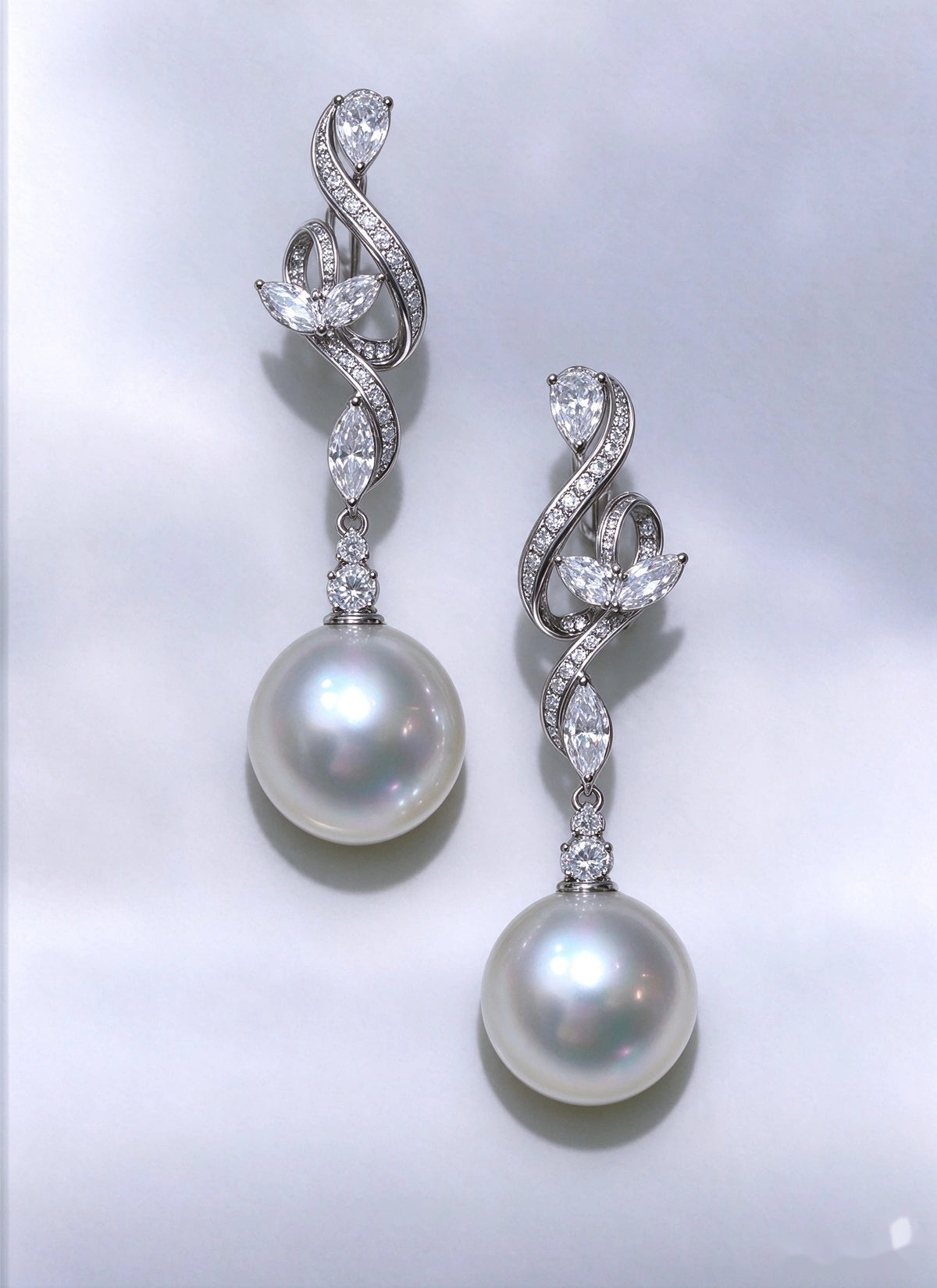 Lunalice twisted CZ vine pearl drop earrings - elegant bridal wedding statement jewelry, front view