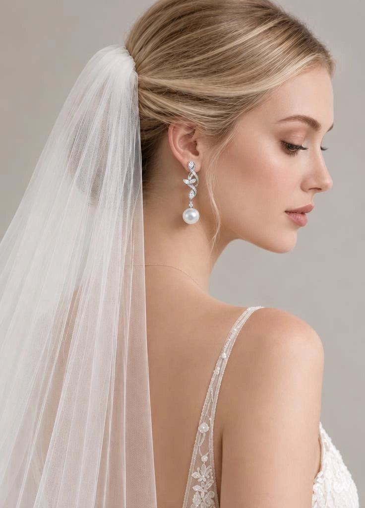 Lunalice twisted CZ vine pearl drop earrings - elegant bridal wedding statement jewelry, front view