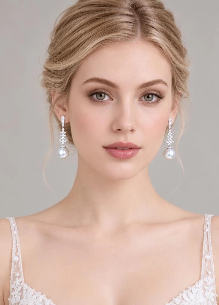 Lunalice pave tiered geometric pearl drop earrings - luxury CZ bridal statement jewelry, front view