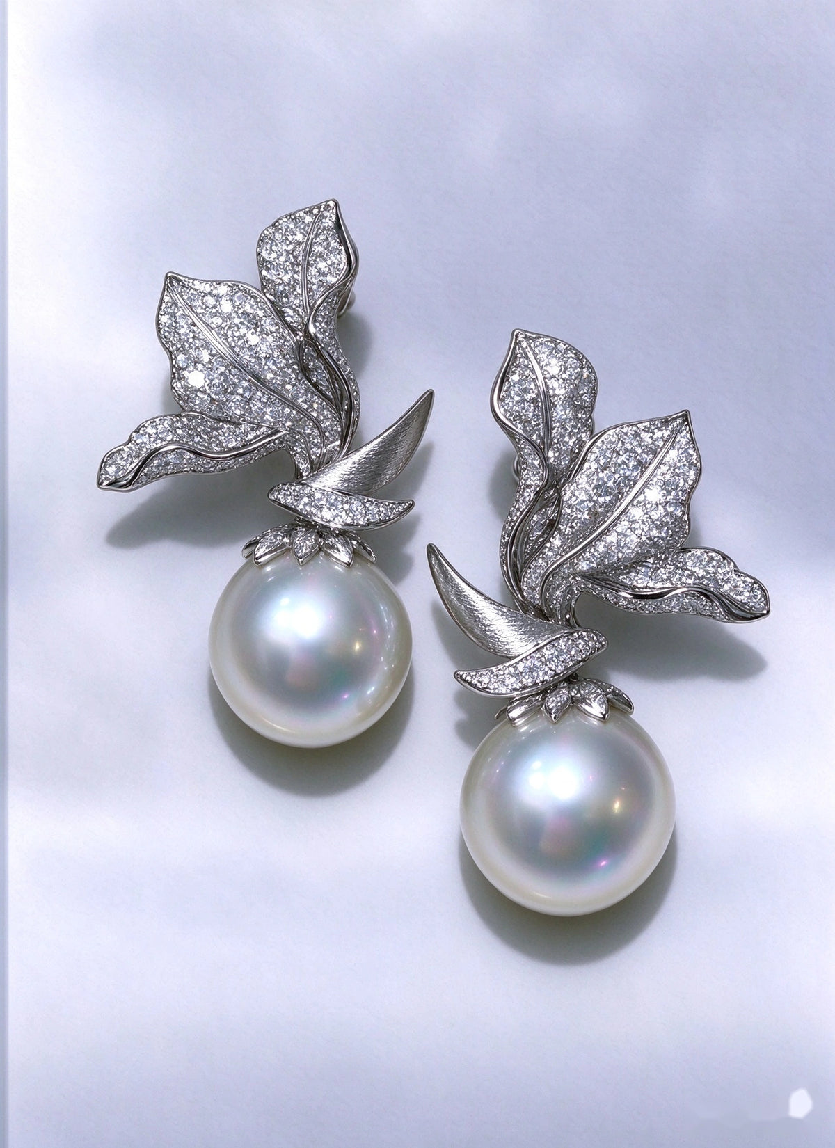 Lunalice CZ encrusted silver leaf pearl earrings - flower motif bridal wedding jewelry