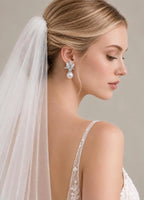 Lunalice CZ encrusted silver leaf pearl earrings - flower motif bridal wedding jewelry, front view