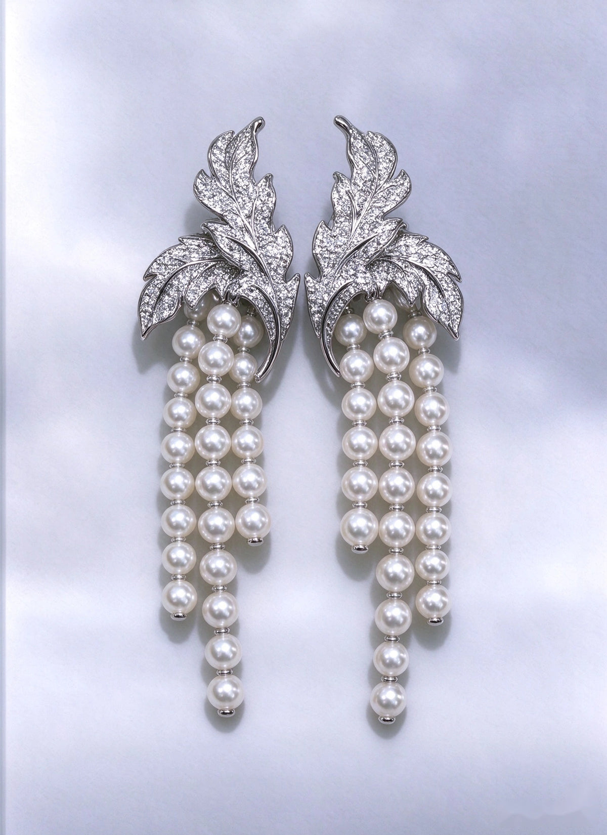 Lunalice silver leaf multi-strand pearl tassel dangle earrings - long glam wedding bridal statement jewelry