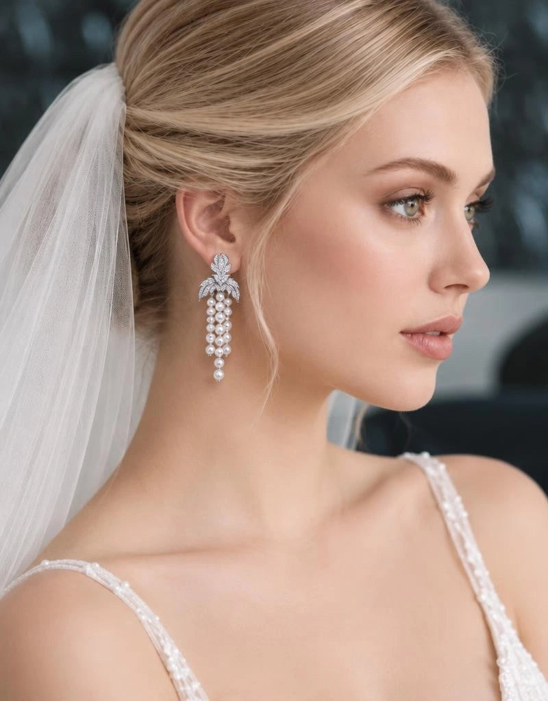 Lunalice silver leaf multi-strand pearl tassel dangle earrings - long glam wedding bridal statement jewelry, front view