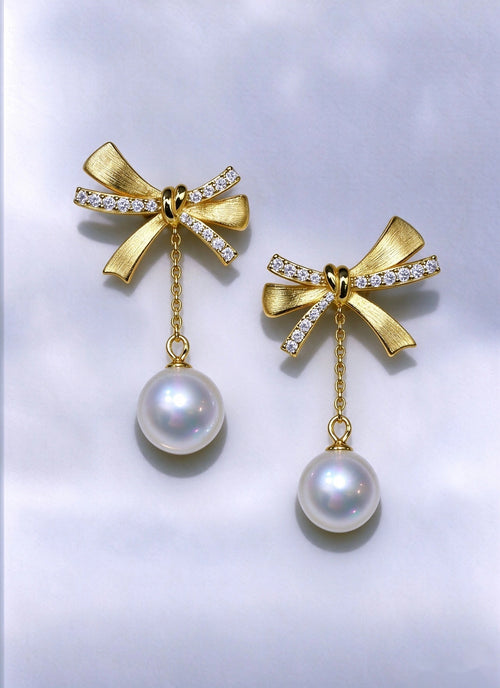 Lunalice gold bow pearl drop earrings with pave CZ ribbon - luxury bridal wedding jewelry