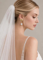 Lunalice gold bow pearl drop earrings with pave CZ ribbon - luxury bridal wedding jewelry
