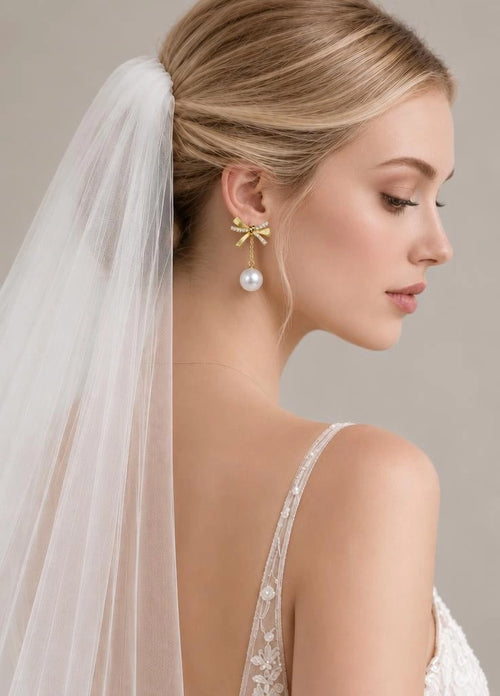Lunalice gold bow pearl drop earrings with pave CZ ribbon - luxury bridal wedding jewelry