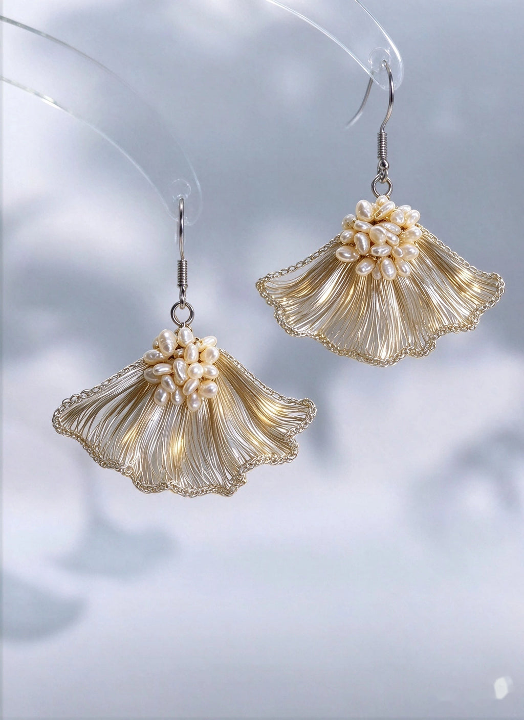 Lunalice handmade wire crochet ginkgo leaf earrings with freshwater pearls - artisan bridal jewelry