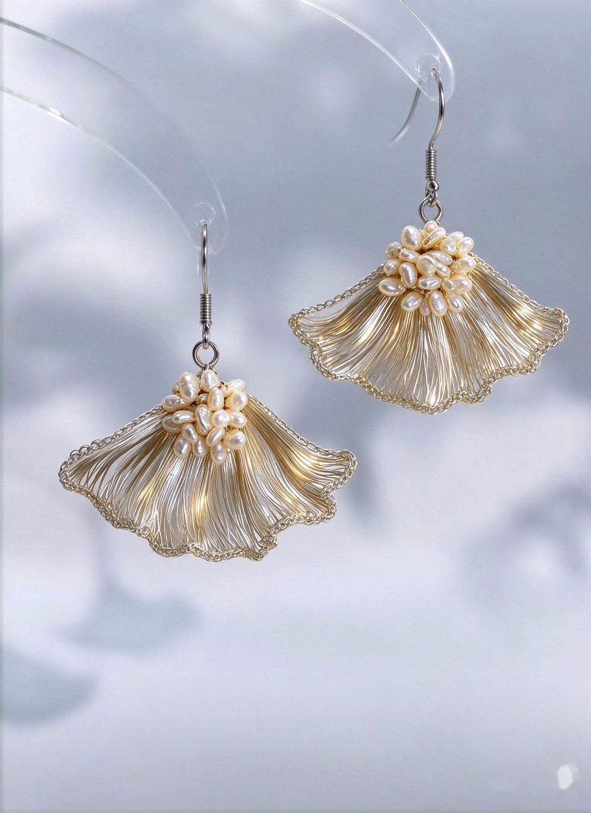 Lunalice handmade wire crochet ginkgo leaf earrings with freshwater pearls - artisan bridal jewelry