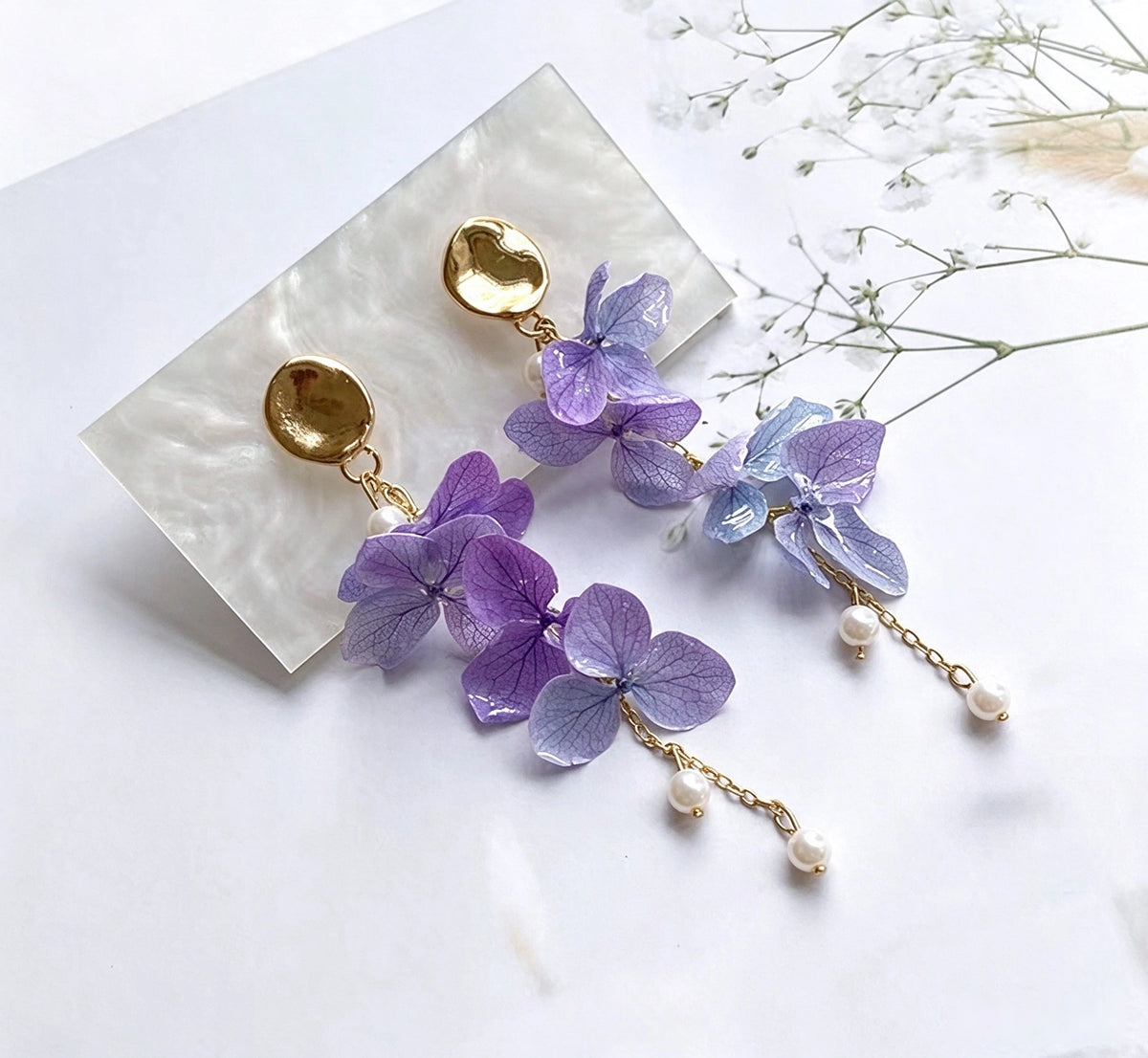 Lunalice real preserved hydrangea earrings in purple ombre with pearl tassel - botanical bridal jewelry