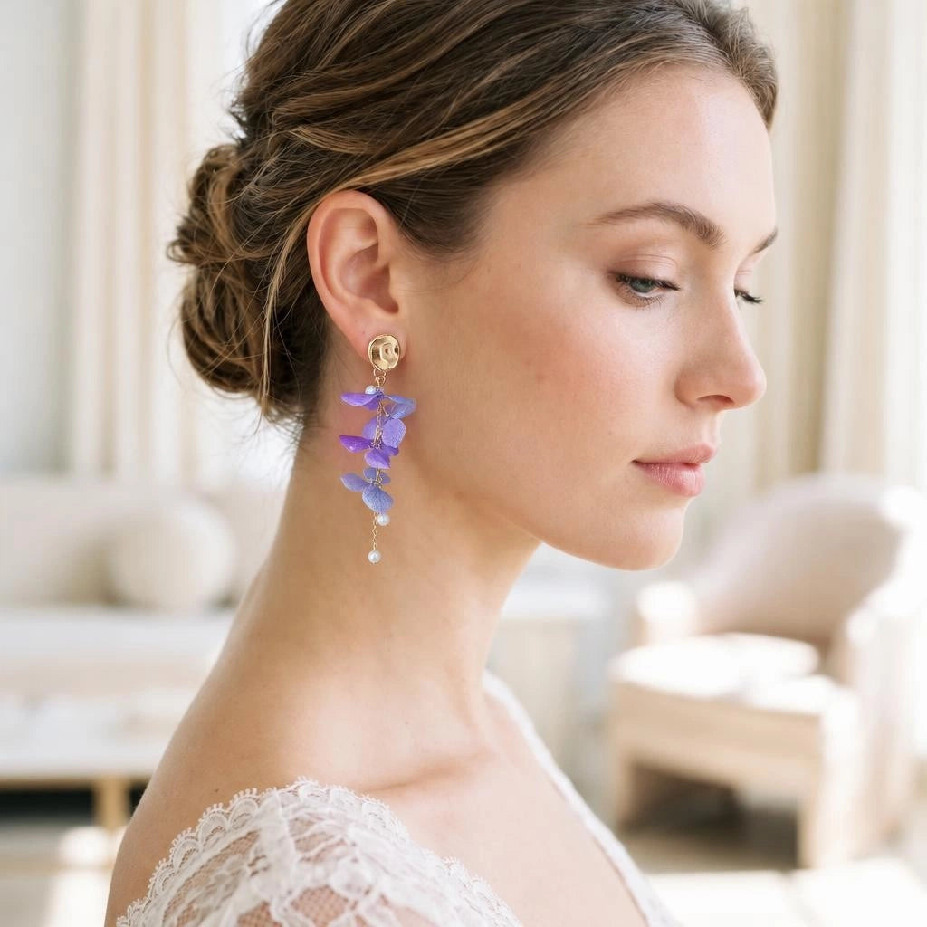Lunalice real preserved hydrangea earrings in purple ombre with pearl tassel - botanical bridal jewelry