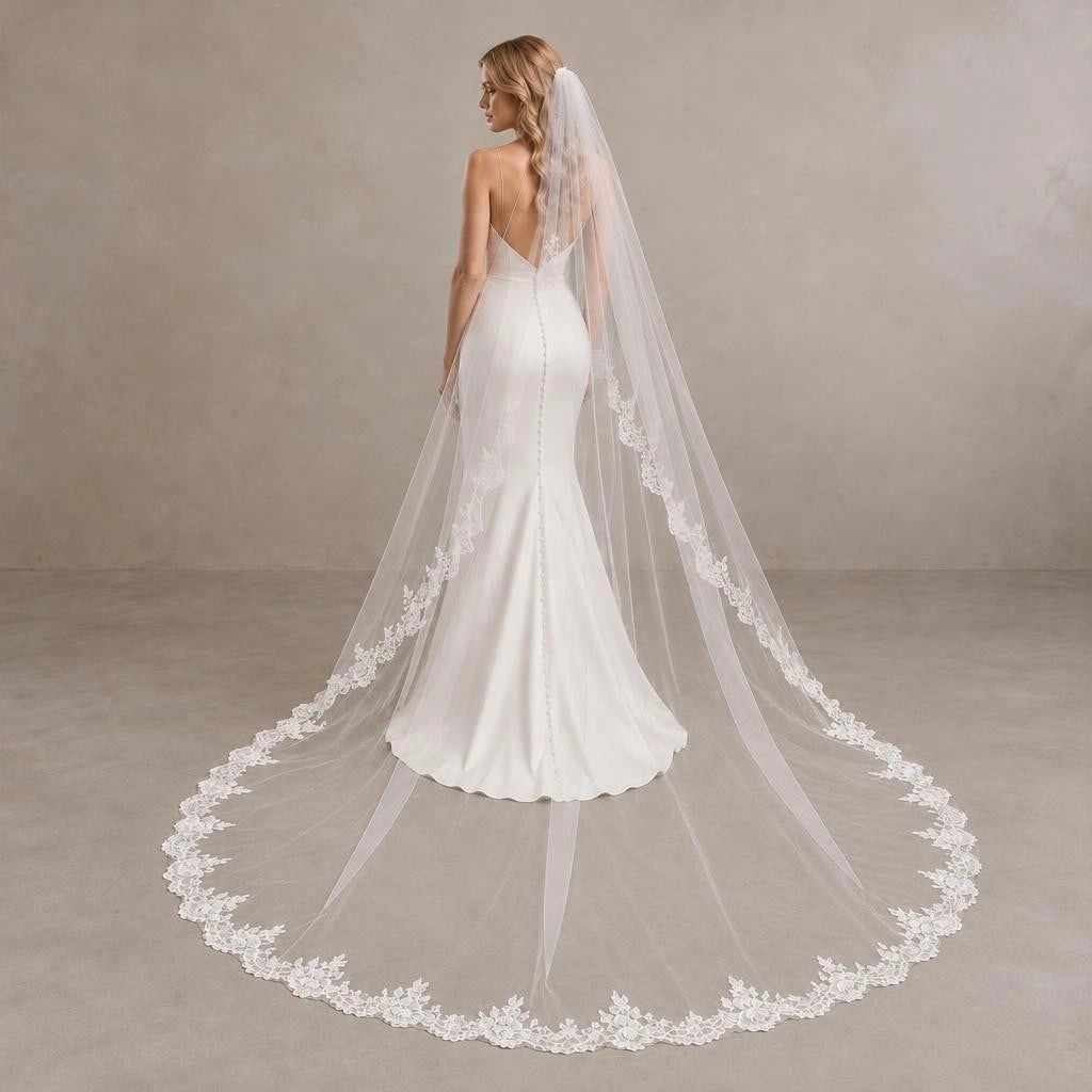 Bride Wearing Lunalice V3005 Wedding Veil – Wedding Veil Styling Inspiration & Romantic Bridal Look