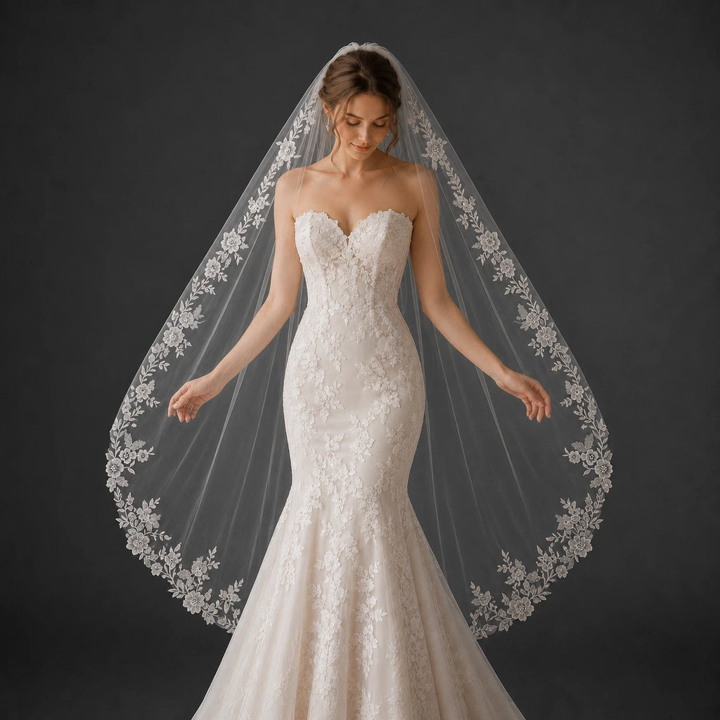 Bride Wearing Lunalice V3019 Wedding Veil – Wedding Veil Styling Inspiration & Romantic Bridal Look